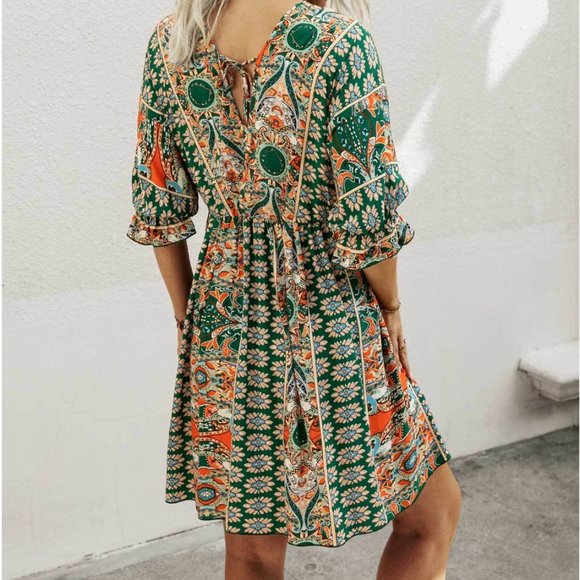 Boho Print Tie Back Dress - Picture 2 of 7